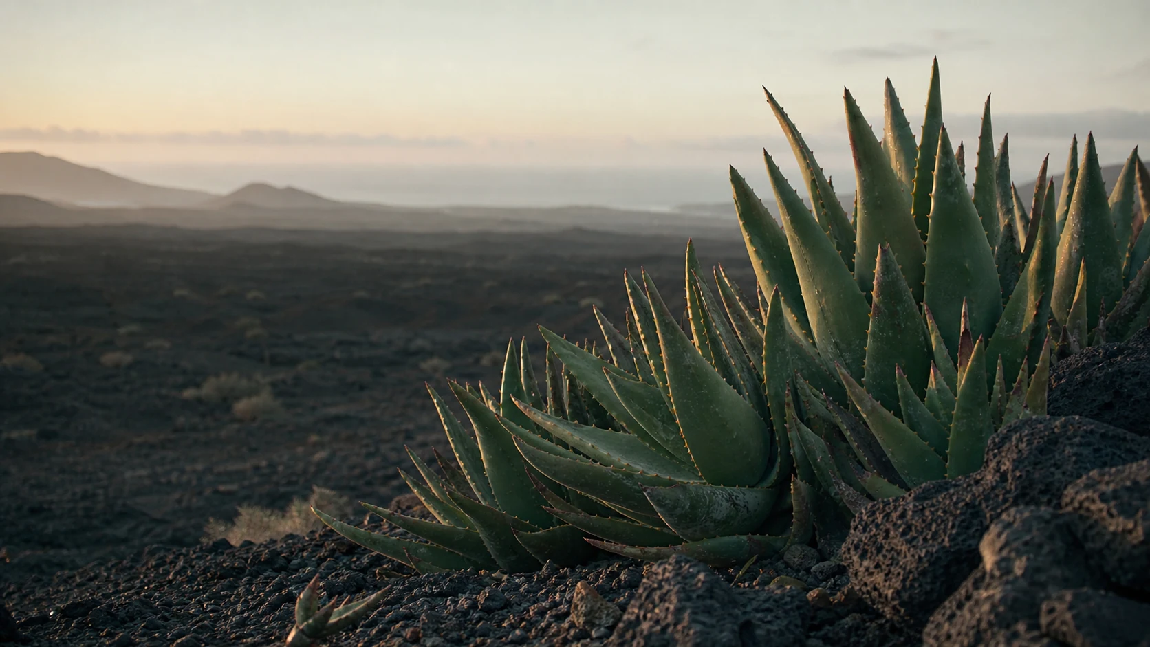 Rows of aloe plants growing through dark volcanic soil at dawn